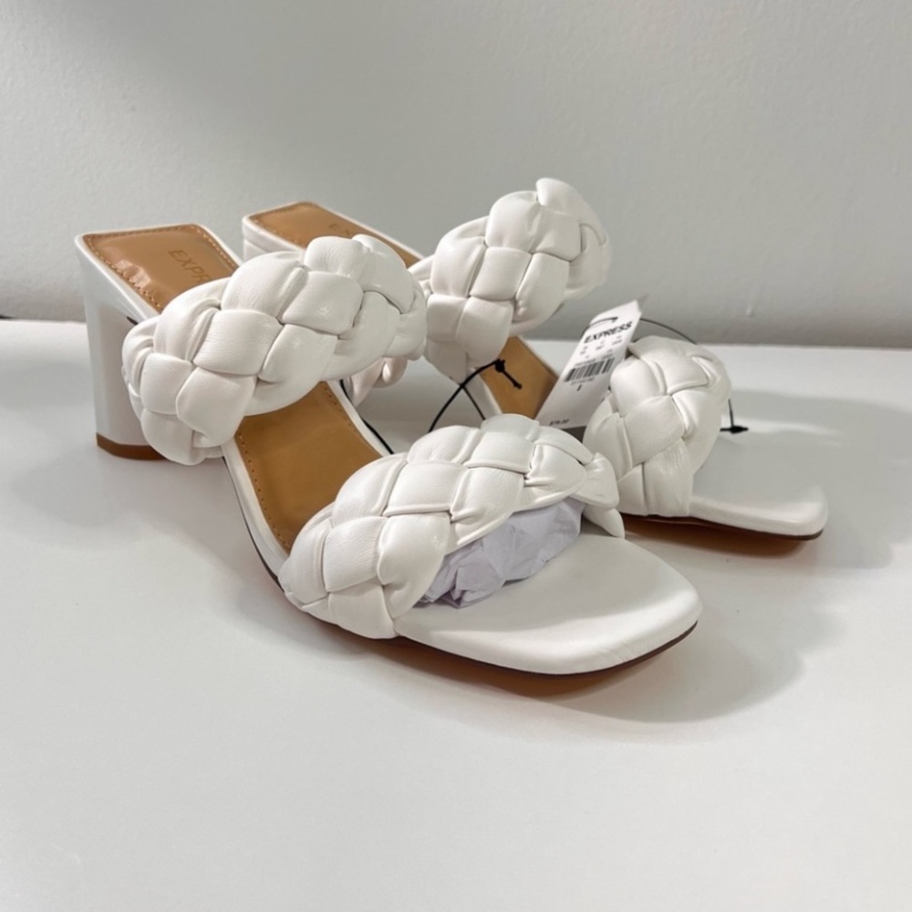 Express white Braided Double Band block Heeled Sandals
